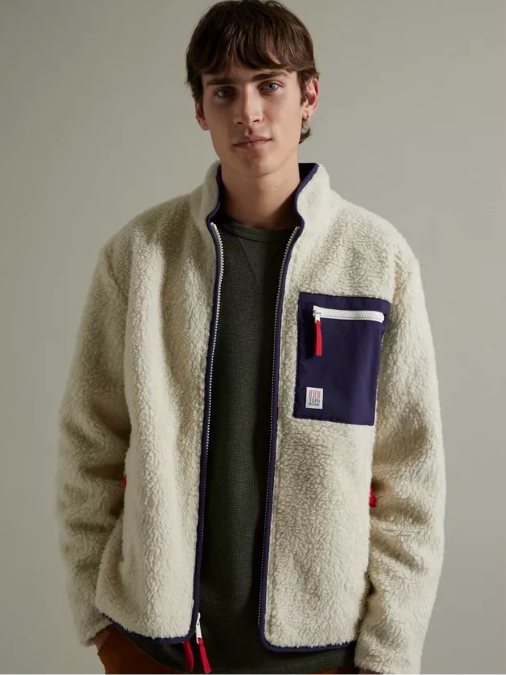 Topo Designs Reversible Navy and Cream Sherpa Jacket